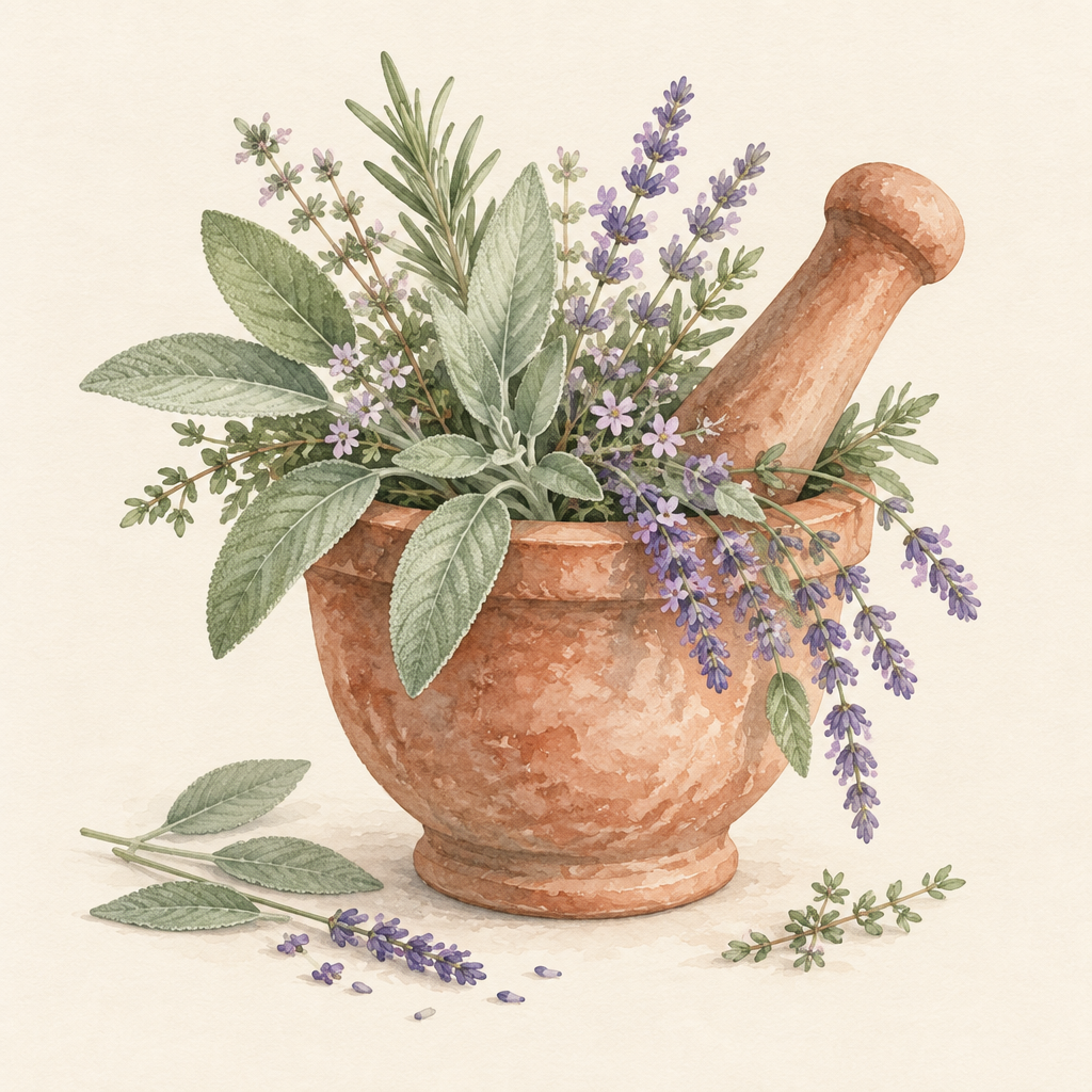 Almofariz com ervas, folhas e lavanda em aquarela